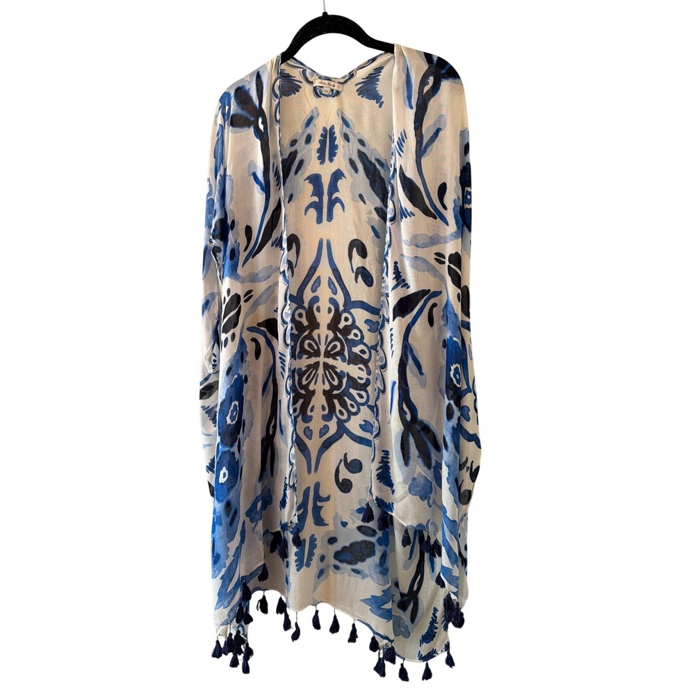 Moss Rose Kimono Blue White Medallion Print Tassel Fringe Viscose Wrap O/S